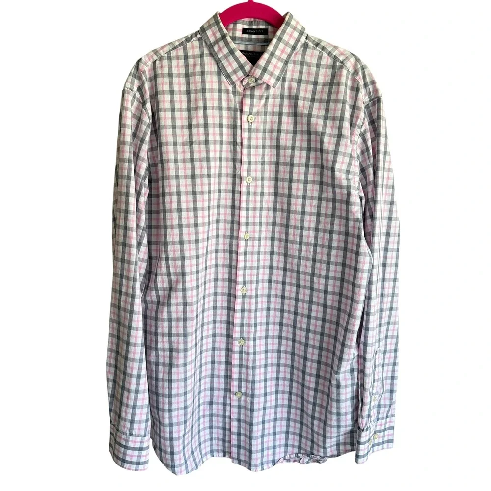 BANANA REPUBLIC 'Grant Fit' Supima Cotton Gray Pink Plaid‎ Mens Button Down, L